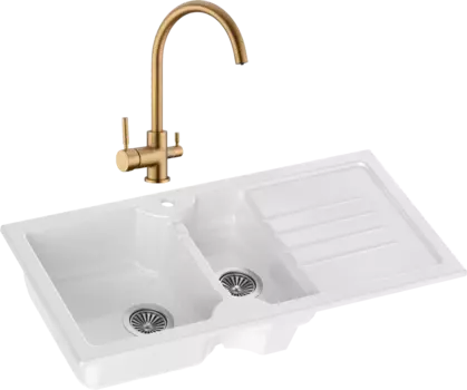 Комплект Мойка кухонная Domaci Сиена 54100-101 белый глянец + Смеситель Равенна DCB 3007 золото
