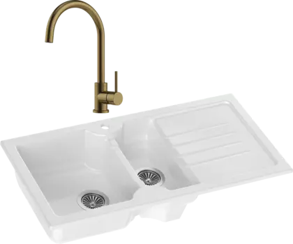 Комплект Мойка кухонная Domaci Сиена 54100-101 белый глянец + Смеситель Равенна DCB 3004 золото