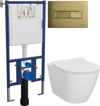 Комплект Унитаз подвесной STWORKI Молде 7551N003-7700 безободковый + Крышка 801-003-019 с микролифтом + Инсталляция DIWO + Кнопка 7325 золотая
