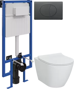 Комплект Унитаз подвесной STWORKI Молде 7551N003-7700 безободковый + Крышка 801-003-019 с микролифтом + Инсталляция + Кнопка 230858 черный матовый