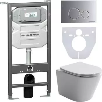 Комплект унитаз с инсталляцией Ceramica Nova Balearica CN6000_1001M_1000 с сиденьем микролифт и клавишей смыва хром матовый