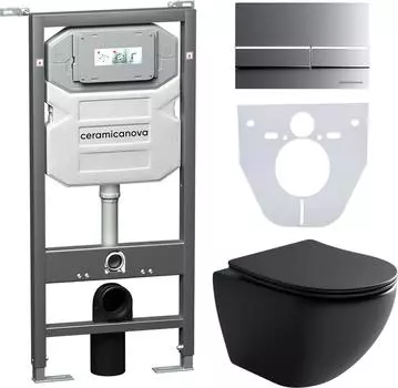 Комплект унитаз с инсталляцией Ceramica Nova Metropol CN4002MB_1002M_1000 с сиденьем микролифт и клавишей смыва хром матовый