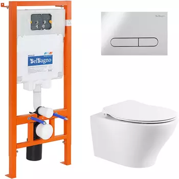 Комплект унитаза с инсталляцией BelBagno Acqua BB340CHR/BB2020SC/BB002-80/BB005-PR-CHROME с сиденьем микролифт и клавишей смыва хром глянцевый