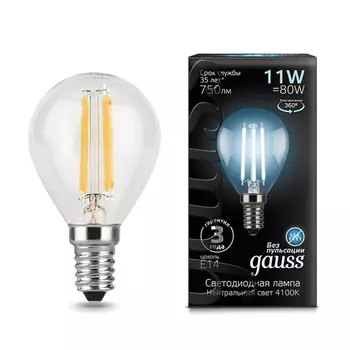 Лампа светодиодная филаментная Gauss E14 11W 4100К прозрачная 105801211