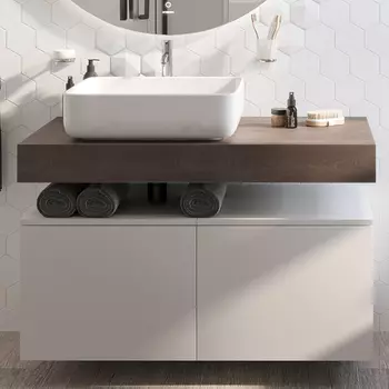 Столешница STWORKI Ольборг 100 дуб карпентер, без отверстий, 2 тумбы 50, с раковиной STWORKI Soul 1 белой