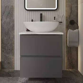 Тумба с раковиной STWORKI Колдинг 60 антрацит, с раковиной Moduo 55 Leaf, столешница белая матовая