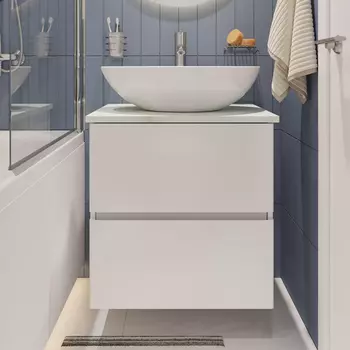 Тумба с раковиной STWORKI Колдинг 60 белая, с раковиной Moduo 55 Leaf, столешница светло-серая сатиновая