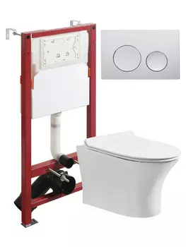 Унитаз подвесной с инсталляцией Orange CI01-100W+APB100 безободковый, белый, микролифт, кнопка смыва хром