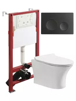 Унитаз подвесной с инсталляцией Orange CI01-100W+APB144 безободковый, белый, микролифт, кнопка смыва черная