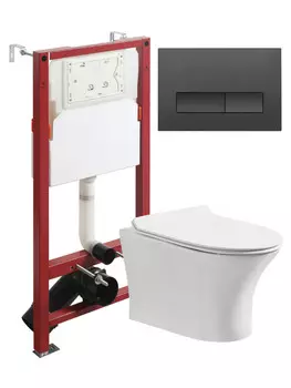 Унитаз подвесной с инсталляцией Orange CI01-100W+APB244 безободковый, белый, микролифт, кнопка смыва черная