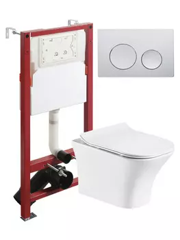 Унитаз подвесной с инсталляцией Orange CI02-100W+APB100 безободковый, белый, микролифт, кнопка смыва хром