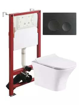 Унитаз подвесной с инсталляцией Orange CI02-100W+APB144 безободковый, белый, микролифт, кнопка смыва черная