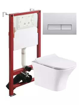 Унитаз подвесной с инсталляцией Orange CI02-100W+APB200 безободковый, белый, микролифт, кнопка смыва хром