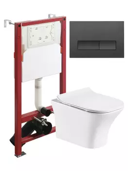 Унитаз подвесной с инсталляцией Orange CI02-100W+APB244 безободковый, белый, микролифт, кнопка смыва черная