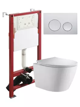 Унитаз подвесной с инсталляцией Orange CI07-150W+APB100 безободковый, белый, микролифт, кнопка смыва хром