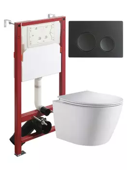 Унитаз подвесной с инсталляцией Orange CI07-150W+APB144 безободковый, белый, микролифт, кнопка смыва черная