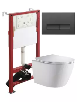 Унитаз подвесной с инсталляцией Orange CI07-150W+APB244 безободковый, белый, микролифт, кнопка смыва черная