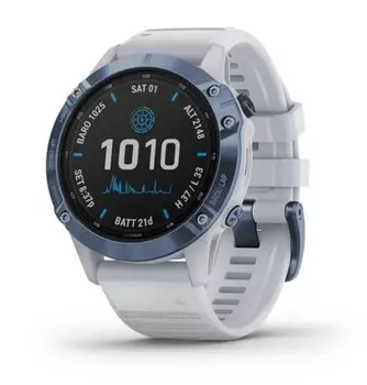 Черные часы Garmin Fenix 6 PRO Solar синий минерал с белым ремешком