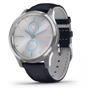 Garmin Vivomove Luxe серебристый с итальянским кожаным темно-синим ремешком