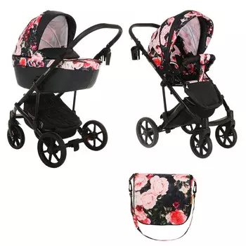 Коляска 2 в 1 Pituso Confort короб + прогулка Цветы + Кожа Тем.Графит/Plus (+ Защитный чехол СМЕШАРИКИ в подарок!)