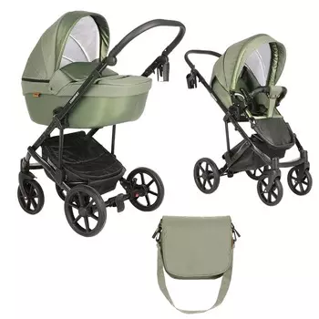 Коляска 2 в 1 Pituso Confort короб + прогулка Олива + Кожа Олива металлик/Plus (+ Защитный чехол СМЕШАРИКИ в подарок!)