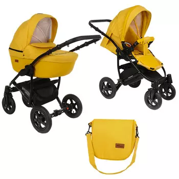 Коляска 2 в 1 Pituso Confort короб + прогулка Желтый + Кожа Шафрановый/Рама Черная (+ Защитный чехол СМЕШАРИКИ в подарок!)