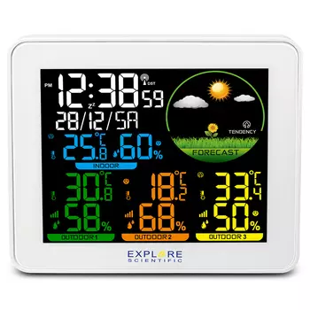 Метеостанция Explore Scientific с цветным экраном и тремя датчиками, белая