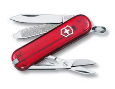 Нож-брелок Victorinox Classic, 58 мм, 7 функций, полупрозрачный красный (+ Антисептик-спрей для рук в подарок!)