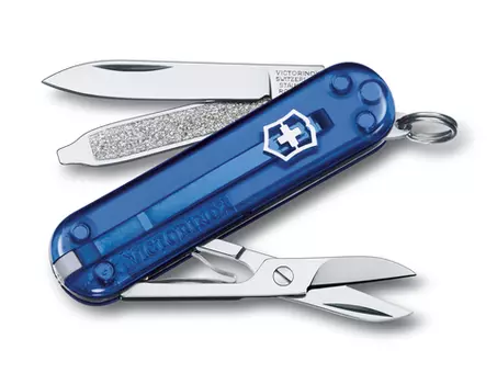 Нож-брелок Victorinox Classic, 58 мм, 7 функций, полупрозрачный синий (+ Антисептик-спрей для рук в подарок!)