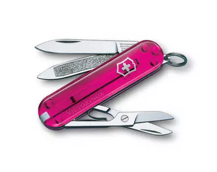 Нож-брелок Victorinox Classic, 58 мм, 7 функций, розовый полупрозрачный (+ Антисептик-спрей для рук в подарок!)