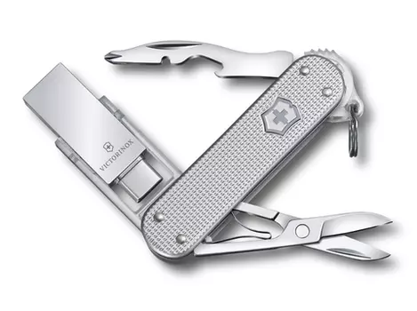 Нож-брелок Victorinox Jetsetter, USB 16 Гб, 58 мм, 6 функций, серебристый (+ Антисептик-спрей для рук в подарок!)
