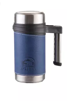 Термокружка Арктика (0,5 литра), синяя, кожаная вставка (+ Антисептик-спрей для рук в подарок!)