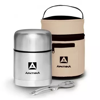 Термос "Арктика" с супер-широким горлом для супа и еды 301-500, 0.5 л в чехле (нержавеющая сталь, цвет серебристый, горловина 7.9 см) (+ Антисептик-спрей для рук в подарок!)