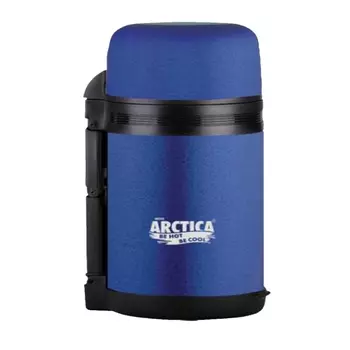 Термос "Арктика" с супер-широким горлом универсальный 203-800, синий, 0.8 л (нержавеющая сталь, цвет синий, горловина 7,5 см, двойная пробка с термоизолятором, пластиковая чашка, ремешок)