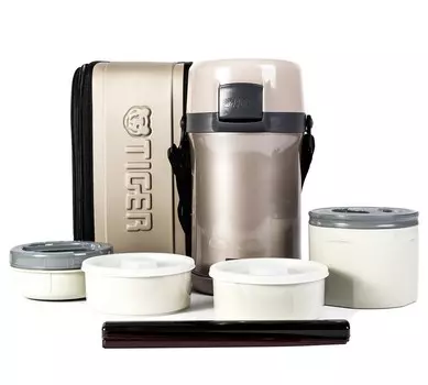 Термос для еды с контейнерами Tiger LWU-F200 Warm Silver (+ Антисептик-спрей для рук в подарок!)