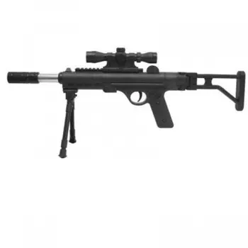 Автомат с лазерным и оптическим прицелом, съемный приклад на подставке, с пульками