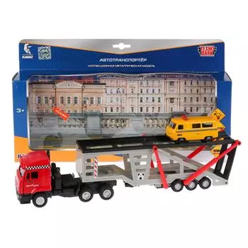 Автовоз Камаз 33 см с инерционной машинкой 7,5 см, свет, звук