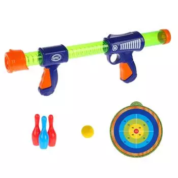 Бластер с мягкими шариками, кеглями и мишенью