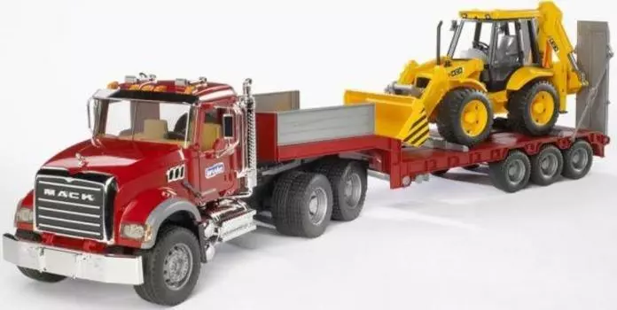Bruder Mack прицеп–платформа с колёсным экскаватором–погрузчиком JCB 4CX