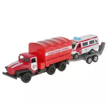 Грузовик Урал с прицепом и машинкой 7,5 см, открываются двери, подвижные детали, инерционный механизм