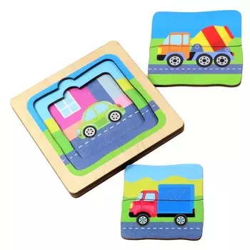 Игра развивающая деревянная - Пазл трехслойный Машинки 3 в 1