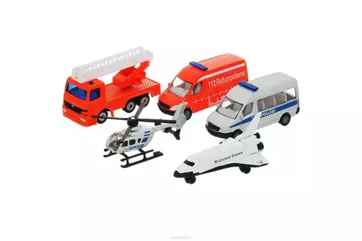 Игровой набор Вертолет, самолет, 2 микроавтобуса и пожарная машина