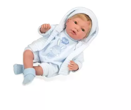 Интерактивная кукла из коллекции Elegance – Пупс, 38 см, с мягким телом, с закрывающимися глазами, в голубой одежде с изображением зайчика и соской, плачет