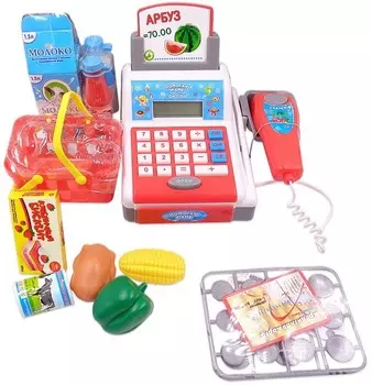 Касса из серии Помогаю Маме в наборе с продуктами и аксессуарами, со световыми и звуковыми эффектами