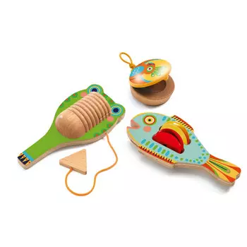 Комплект музыкальных инструментов: кастаньеты, гуиро, кимвал