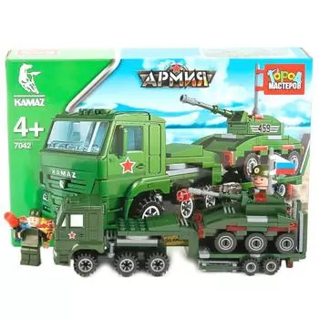 Конструктор - Камаз: перевозчик с танком, с фигуркой, 185 деталей