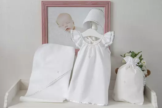 Крестильный набор для девочки 3-6 месяцев – Пелагея, 4 предмета, белый/серебро