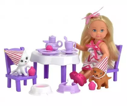 Кукла Еви с набором - День рождение питомцев, 12 см.