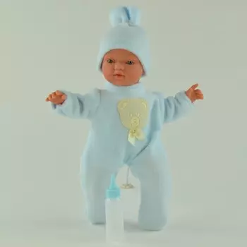 Кукла Гугу в синем костюмчике с бутылочкой, 27 см.