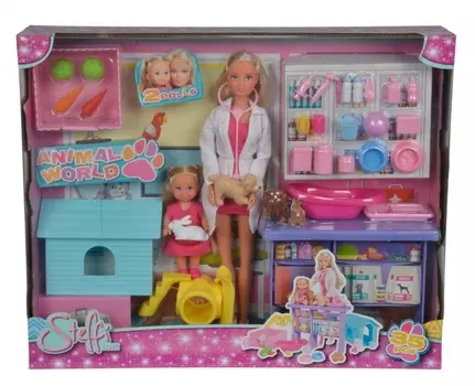 Куклы Штеффи и Еви, с набором Мир животных, 35 предметов, 29 и 12 см.